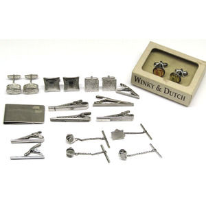 Lot of 20 Pieces Cufflinks With Tie Pins & Clips Silver Mens Formal Wear
